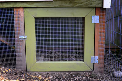 Coop access door covered in welded wire mesh